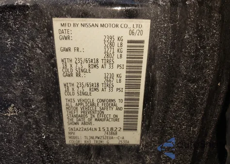 2020 Nissan Murano S Intelligent Awd z USA, uszkodzony, nr VIN 5N1AZ2AS4LN151822